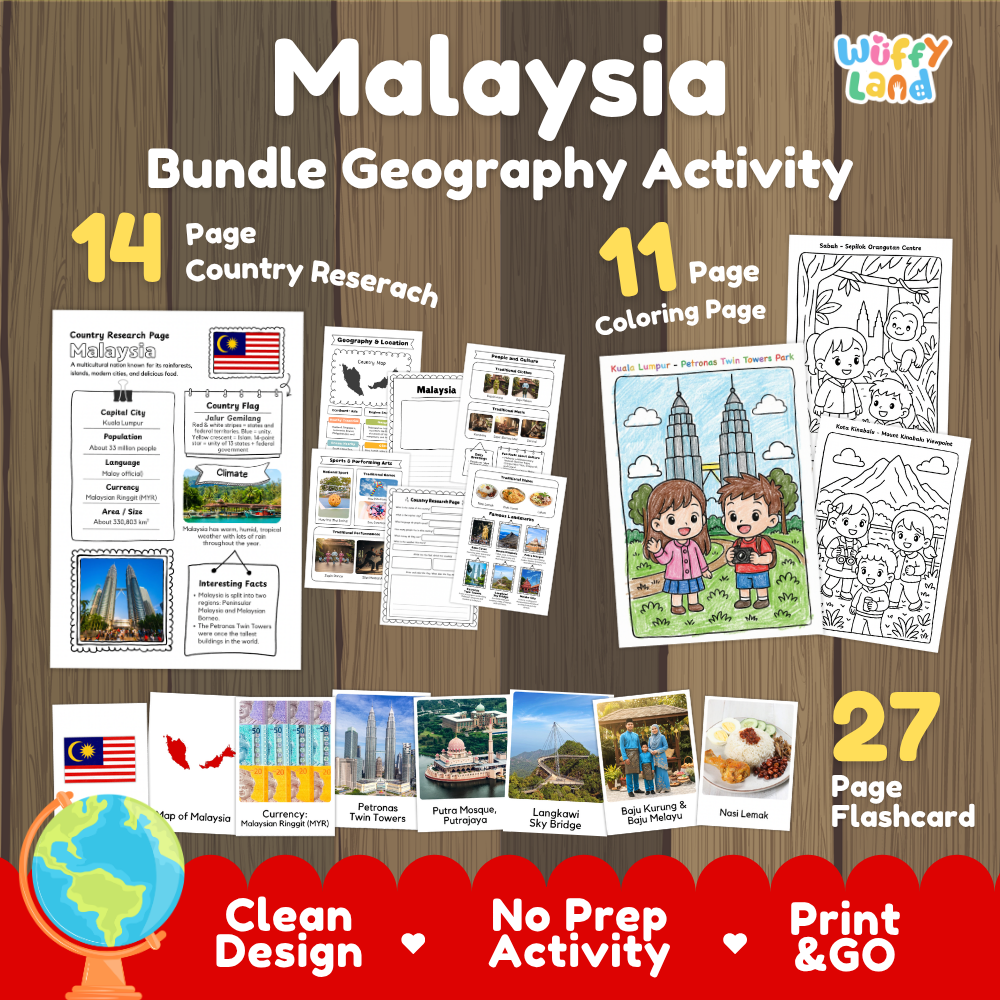 Malaysia geography activity bundle cover showing 14 country research pages, 11 coloring pages, and 27 photo flashcards