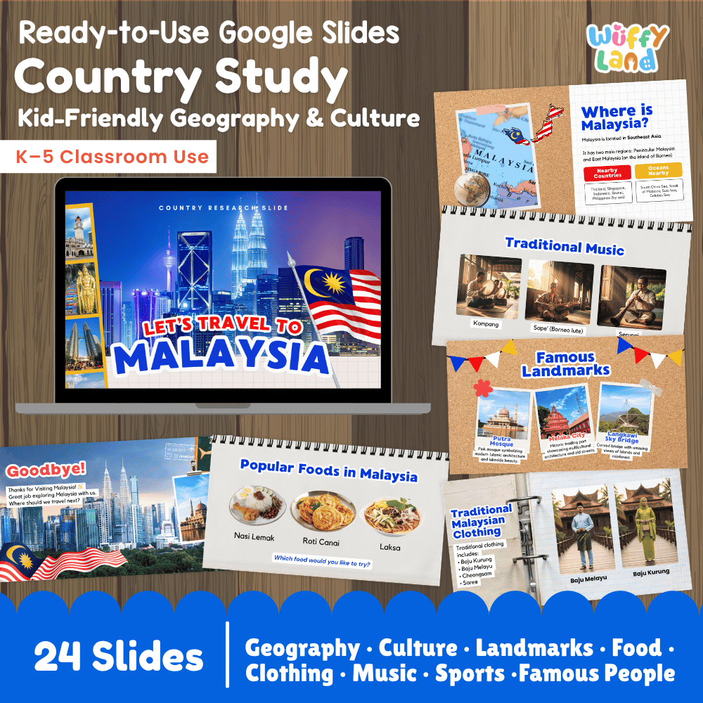 Interactive Google Slides deck displaying famous Malaysian landmarks like Petronas Twin Towers and traditional Malaysian food 💻🕌