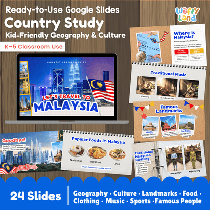 Interactive Google Slides deck displaying famous Malaysian landmarks like Petronas Twin Towers and traditional Malaysian food 💻🕌