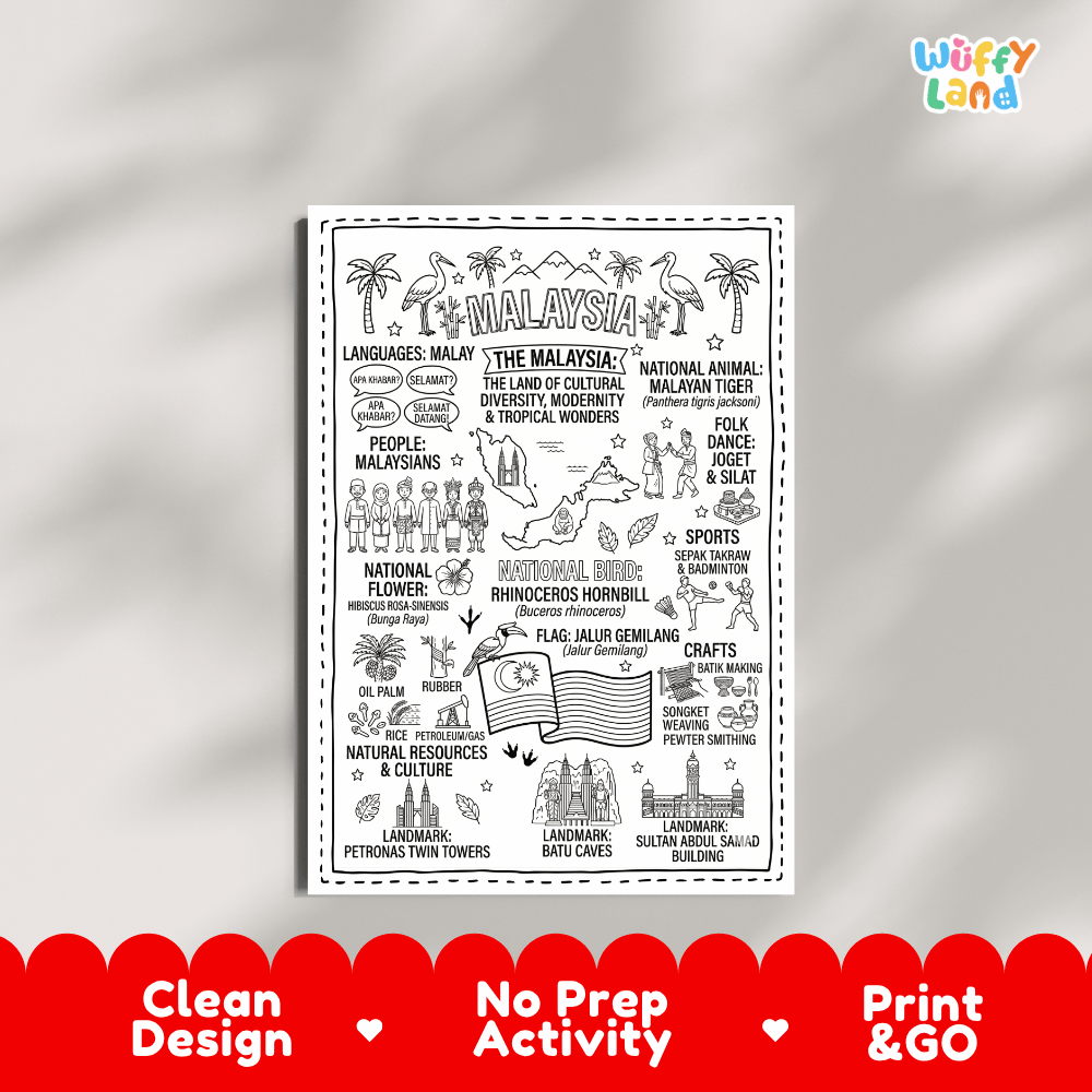 Educational activity coloring page highlighting Malayan Tiger, Rhinoceros Hornbill, Hibiscus Bunga Raya flower, and Jalur Gemilang flag