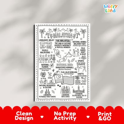 Educational activity coloring page highlighting Malayan Tiger, Rhinoceros Hornbill, Hibiscus Bunga Raya flower, and Jalur Gemilang flag
