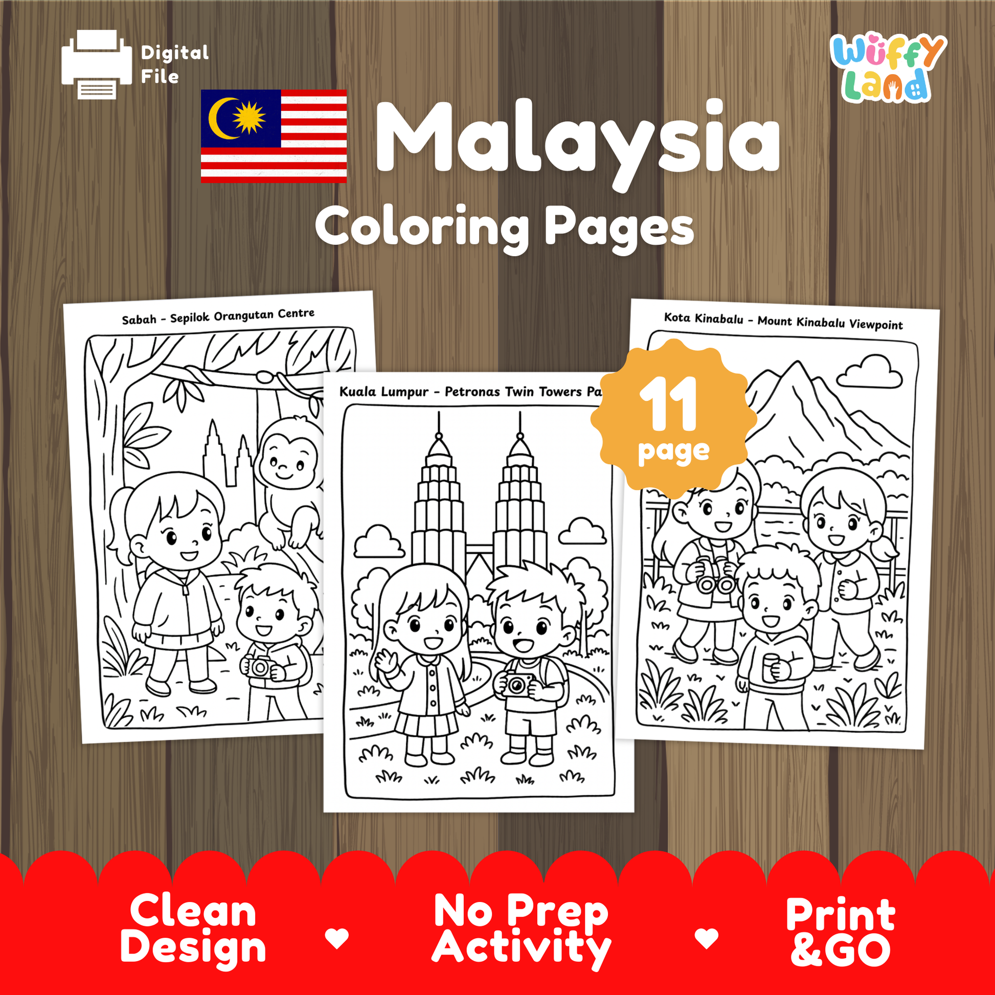 A collection of Malaysia-themed kids coloring pages featuring children visiting the Petronas Twin Towers in Kuala Lumpur, exploring Sepilok Orangutan Centre in Sabah, and sightseeing at Mount Kinabalu in Kota Kinabalu, with a total of 11 printable pages