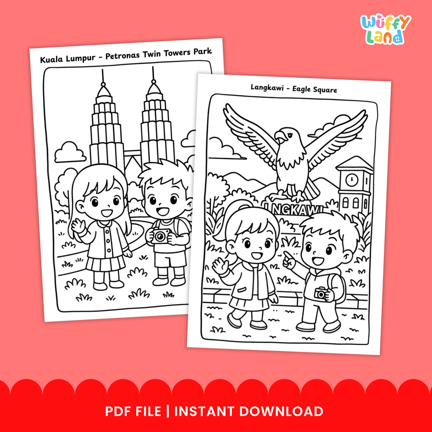 A collection of Malaysia-themed kids coloring pages featuring children visiting the Petronas Twin Towers in Kuala Lumpur, exploring Sepilok Orangutan Centre in Sabah, and sightseeing at Mount Kinabalu in Kota Kinabalu, with a total of 11 printable pages