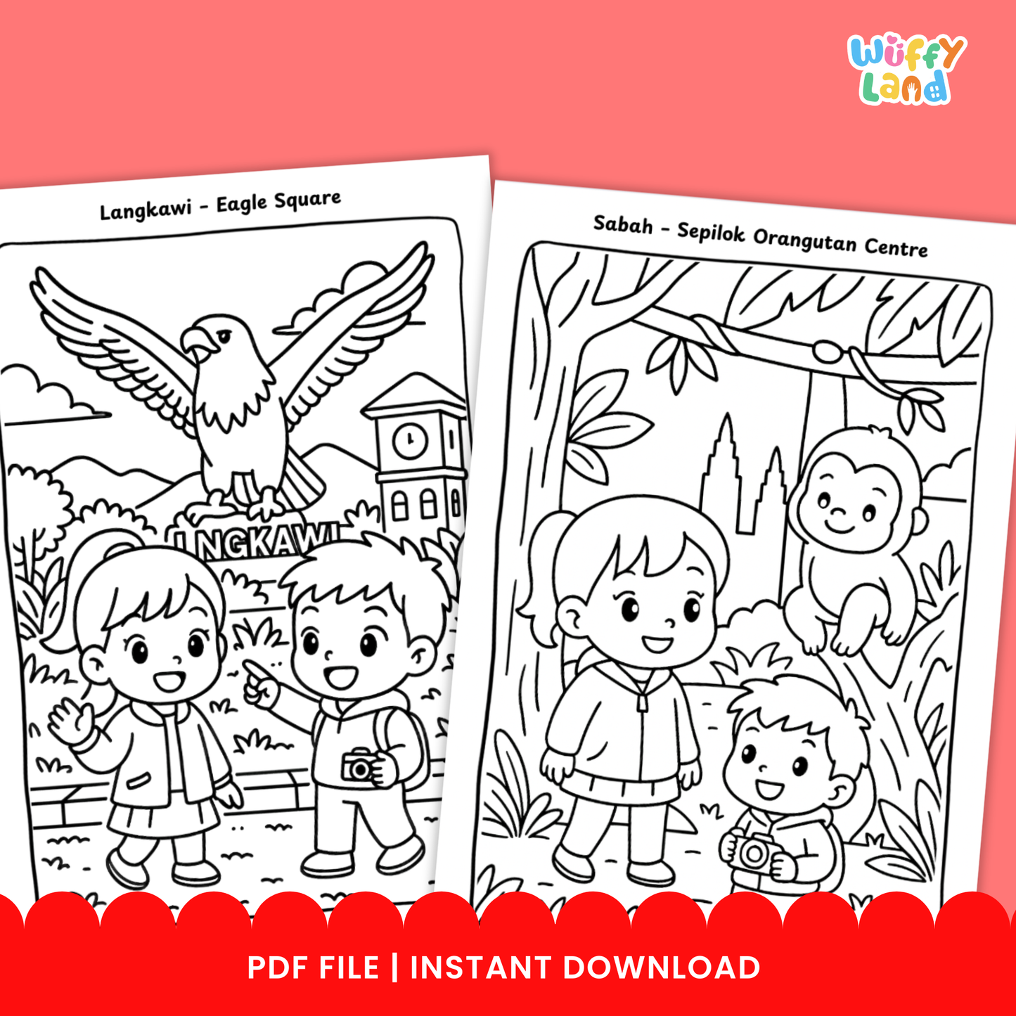 A collection of Malaysia-themed kids coloring pages featuring children visiting the Petronas Twin Towers in Kuala Lumpur, exploring Sepilok Orangutan Centre in Sabah, and sightseeing at Mount Kinabalu in Kota Kinabalu, with a total of 11 printable pages