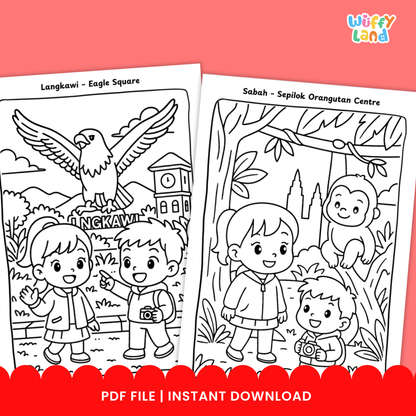 A collection of Malaysia-themed kids coloring pages featuring children visiting the Petronas Twin Towers in Kuala Lumpur, exploring Sepilok Orangutan Centre in Sabah, and sightseeing at Mount Kinabalu in Kota Kinabalu, with a total of 11 printable pages