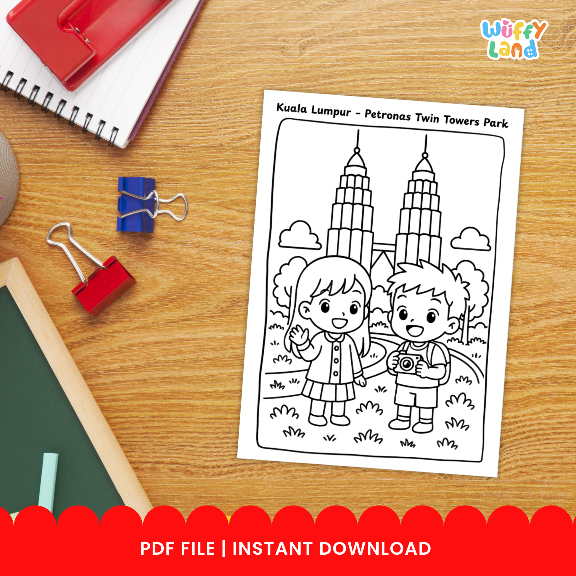 A collection of Malaysia-themed kids coloring pages featuring children visiting the Petronas Twin Towers in Kuala Lumpur, exploring Sepilok Orangutan Centre in Sabah, and sightseeing at Mount Kinabalu in Kota Kinabalu, with a total of 11 printable pages