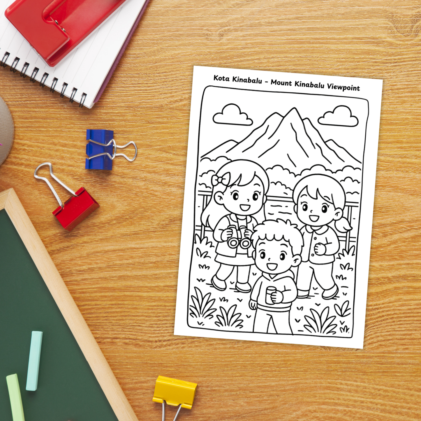 A collection of Malaysia-themed kids coloring pages featuring children visiting the Petronas Twin Towers in Kuala Lumpur, exploring Sepilok Orangutan Centre in Sabah, and sightseeing at Mount Kinabalu in Kota Kinabalu, with a total of 11 printable pages