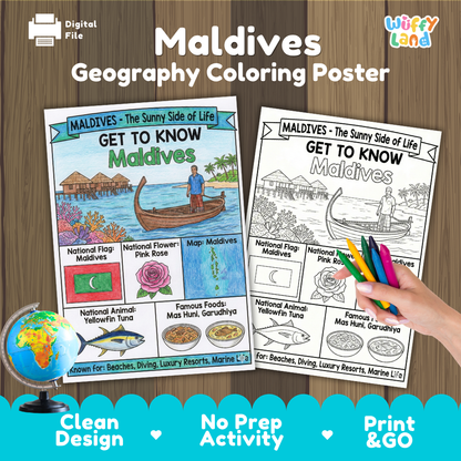 Get to know Maldives coloring poster paired with photo flashcards of Male Friday Mosque, kayaking, anemonefish, and manta rays