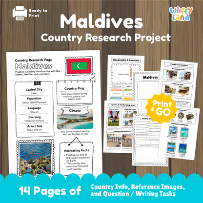 Student country research worksheet on Maldives featuring national flag, Male capital facts, climate, and island geography map