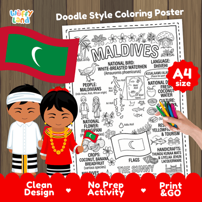 Maldives country study doodle style coloring poster printable page featuring atoll map, waterhen bird, and cultural symbols