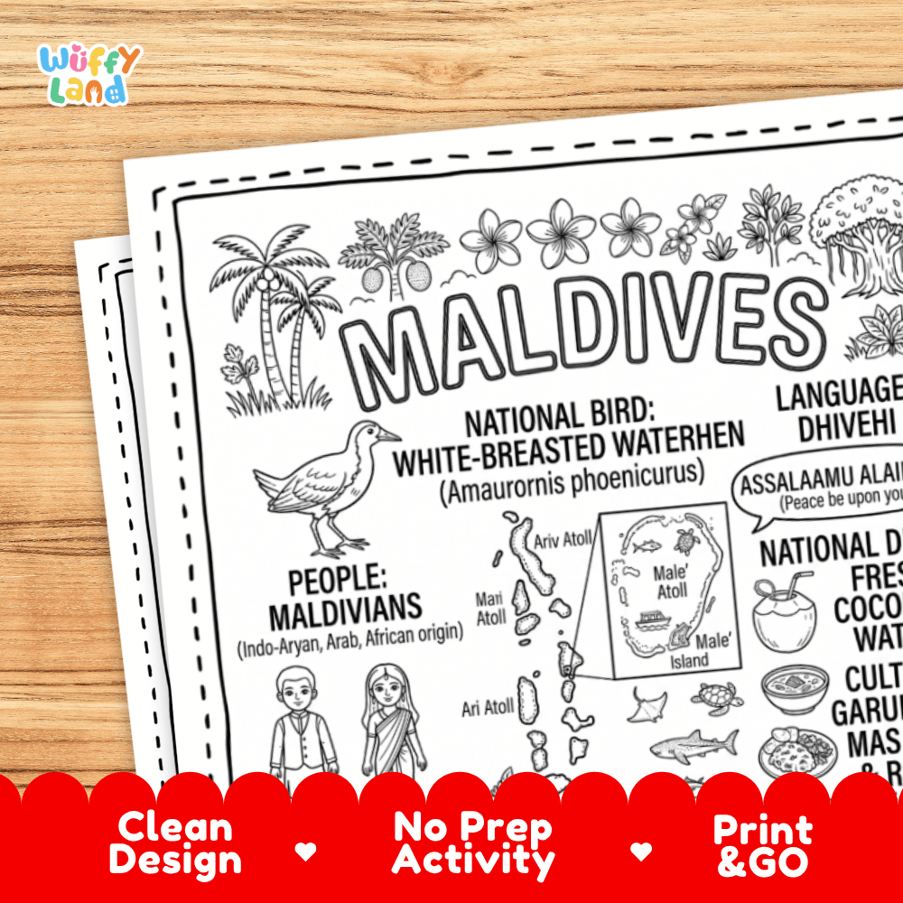 Cultural coloring page featuring traditional Maldivian Libaas attire, Thundu Kunaa woven mats, Liyelaa Jehun lacquerware, and coconut drink