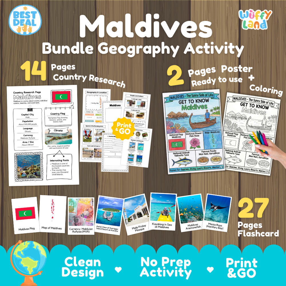 Maldives geography activity bundle cover showing 14 country research pages, 2 ready to use coloring posters, and 27 photo flashcards