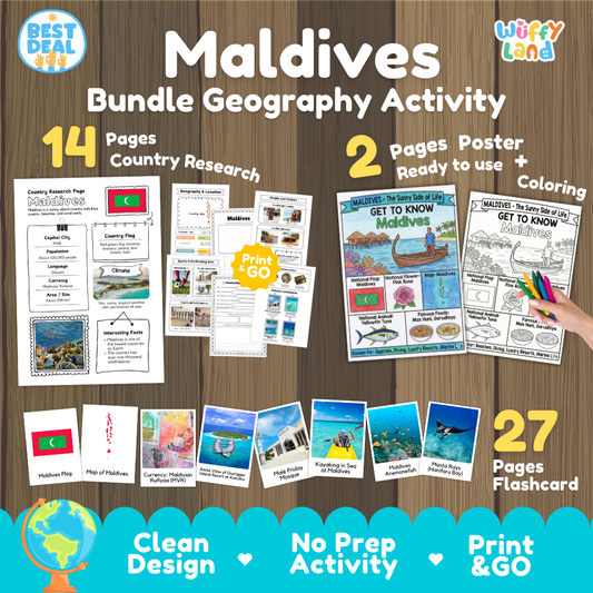 Maldives geography activity bundle cover showing 14 country research pages, 2 ready to use coloring posters, and 27 photo flashcards