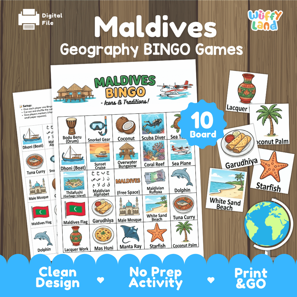 Maldives Geography BINGO Games Printable Activity Boards