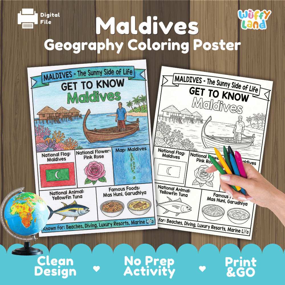 Maldives Geography Coloring Poster | Country Study Research Worksheet Activity