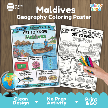 Maldives Geography Coloring Poster | Country Study Research Worksheet Activity
