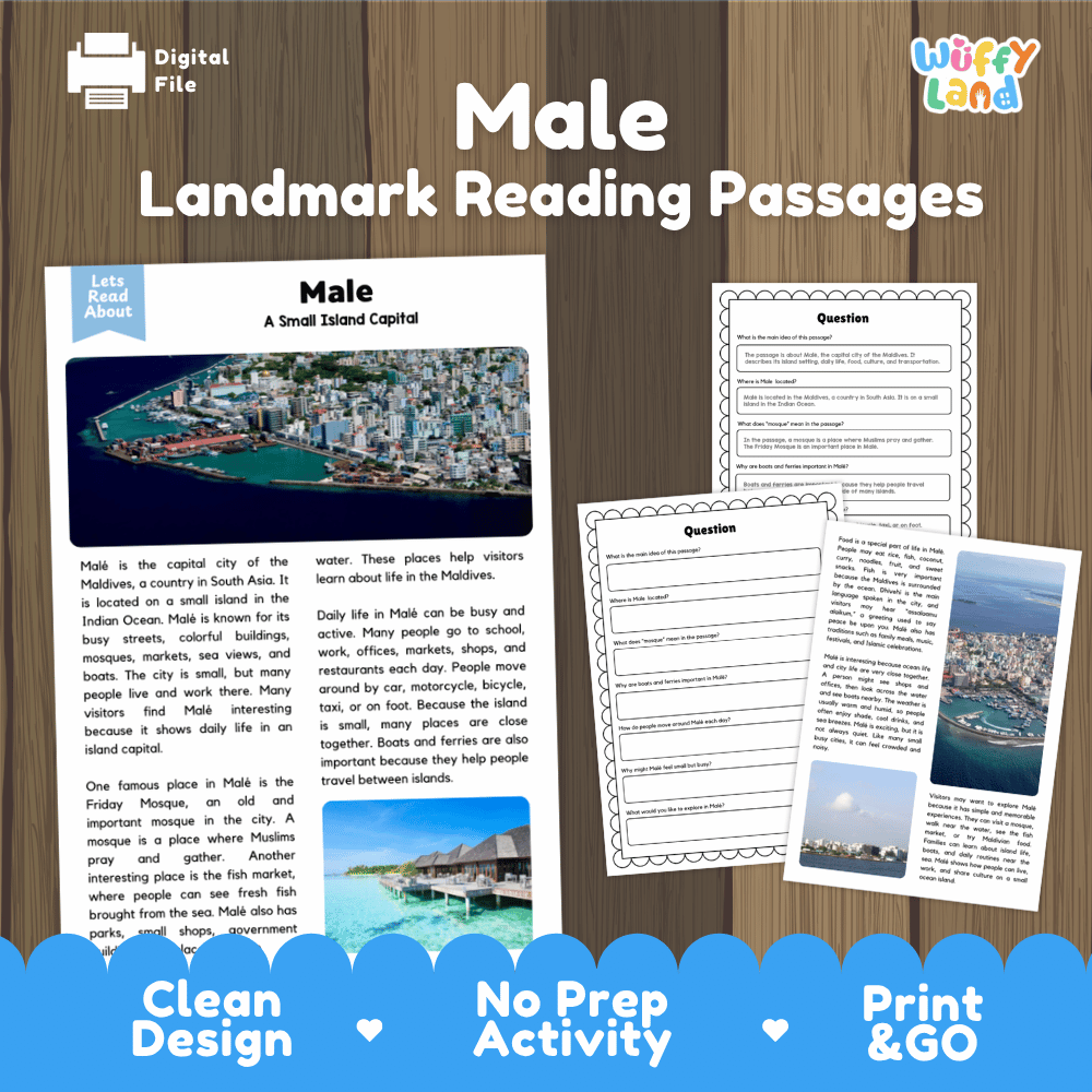 Male landmark reading passage and comprehension worksheet educational unit featuring nonfiction text and authentic Maldives aerial island city photography