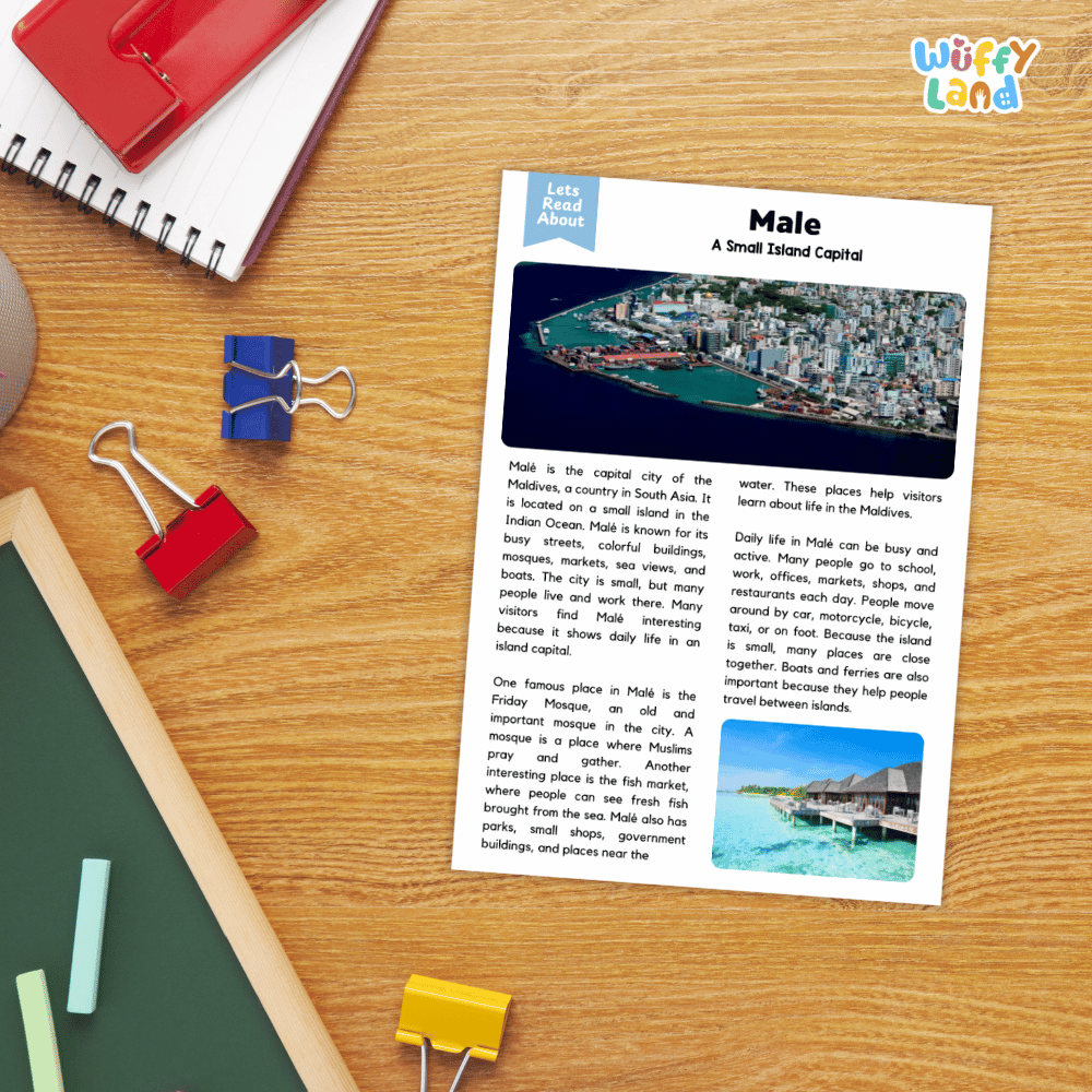Lined reading comprehension question worksheet covering main ideas vocabulary terms and landmark facts about Male Maldives