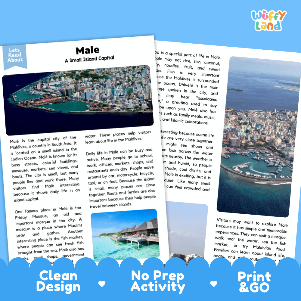 Reference sheet and answer key for Male landmark reading passage displaying completed comprehension answers and South Asian island geography facts