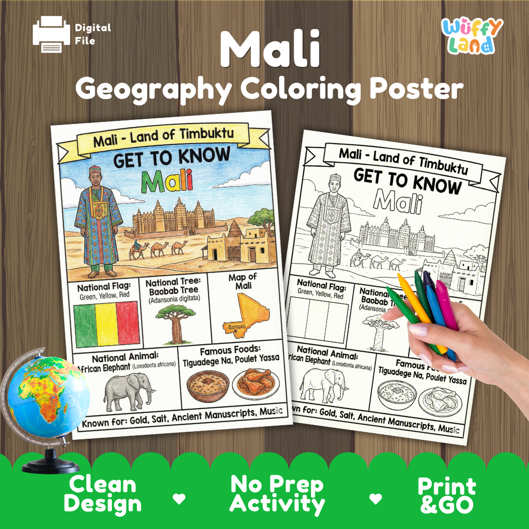 Get to know Mali coloring poster paired with photo flashcards of Cliff of Bandiagara, Niger River, traditional cloth dyeing, and Bamako