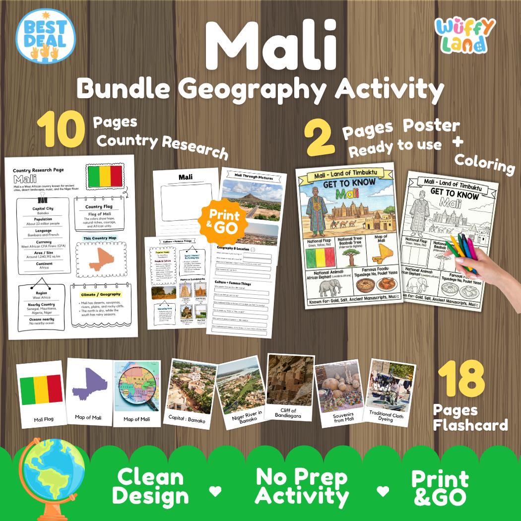 Mali geography activity bundle cover showing 10 country research pages, 2 ready to use coloring posters, and 18 photo flashcards