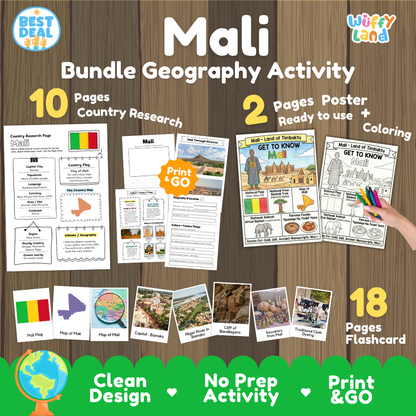 Mali geography activity bundle cover showing 10 country research pages, 2 ready to use coloring posters, and 18 photo flashcards