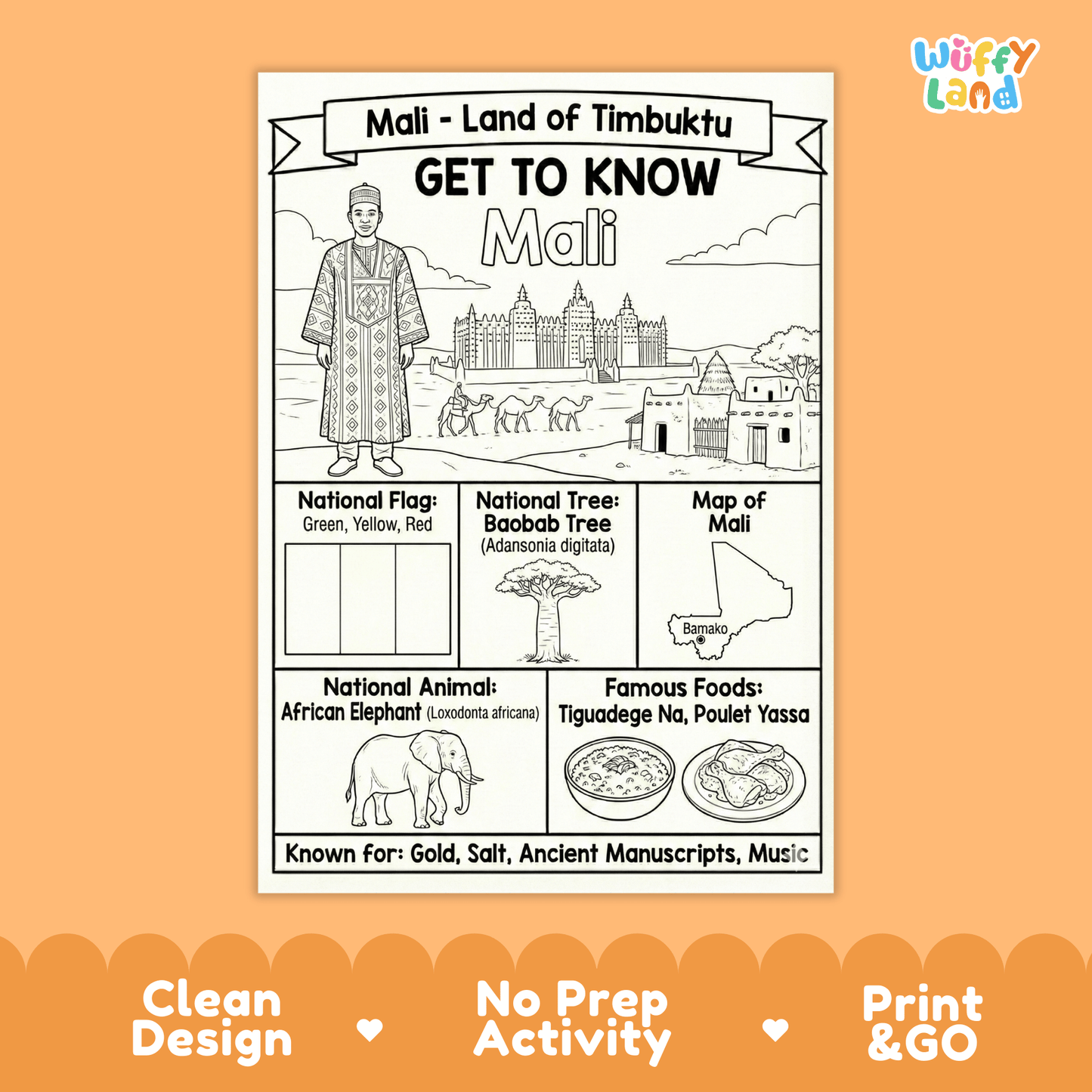 Mali Country Study Geography Coloring Page Worksheet Activity | West Africa