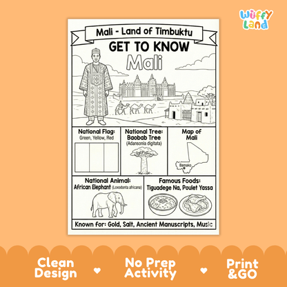 Mali Country Study Geography Coloring Page Worksheet Activity | West Africa