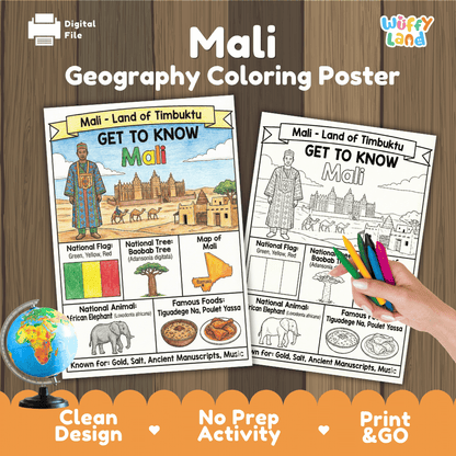 Mali Geography Coloring Poster and Fact Sheet Printable Worksheets