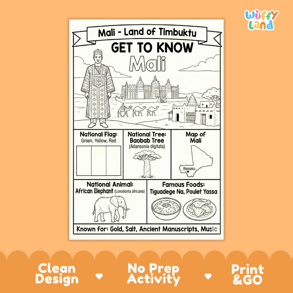 Mali Geography Coloring Poster and Fact Sheet Printable Worksheets