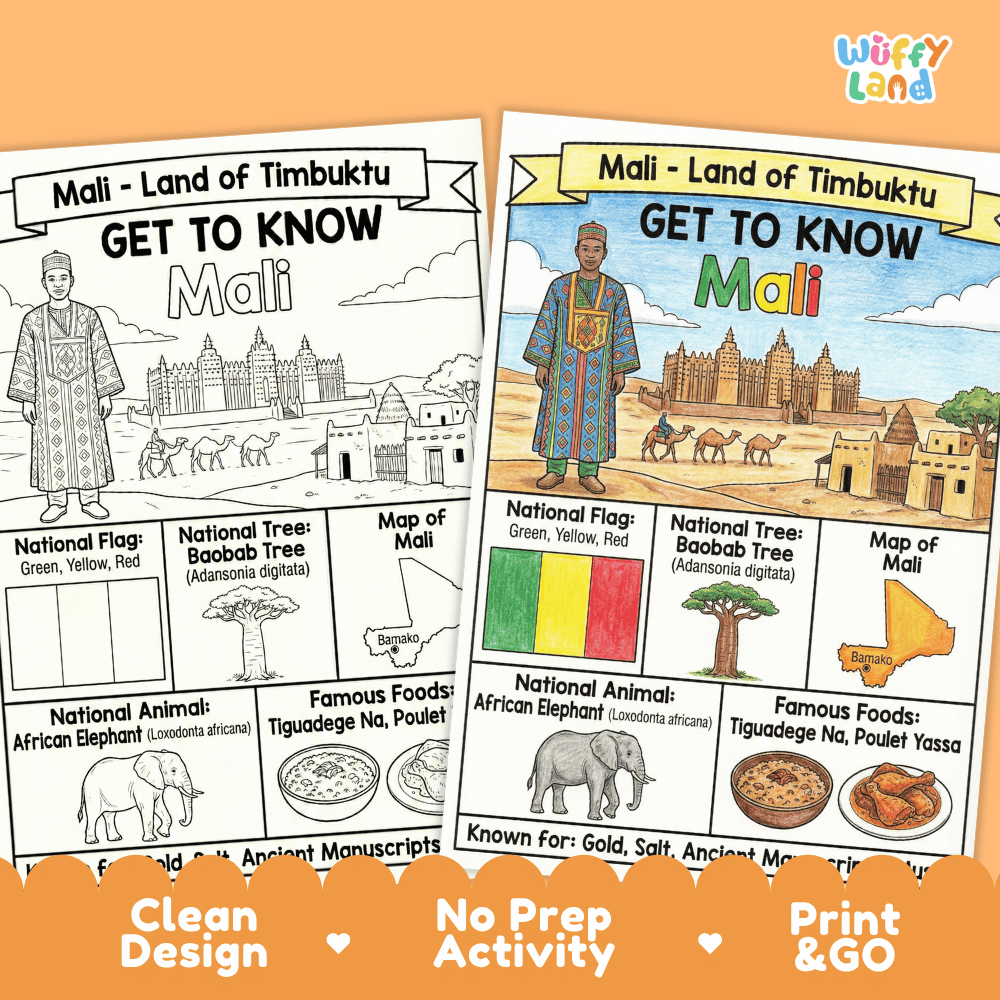 Mali Geography Coloring Poster and Fact Sheet Printable Worksheets