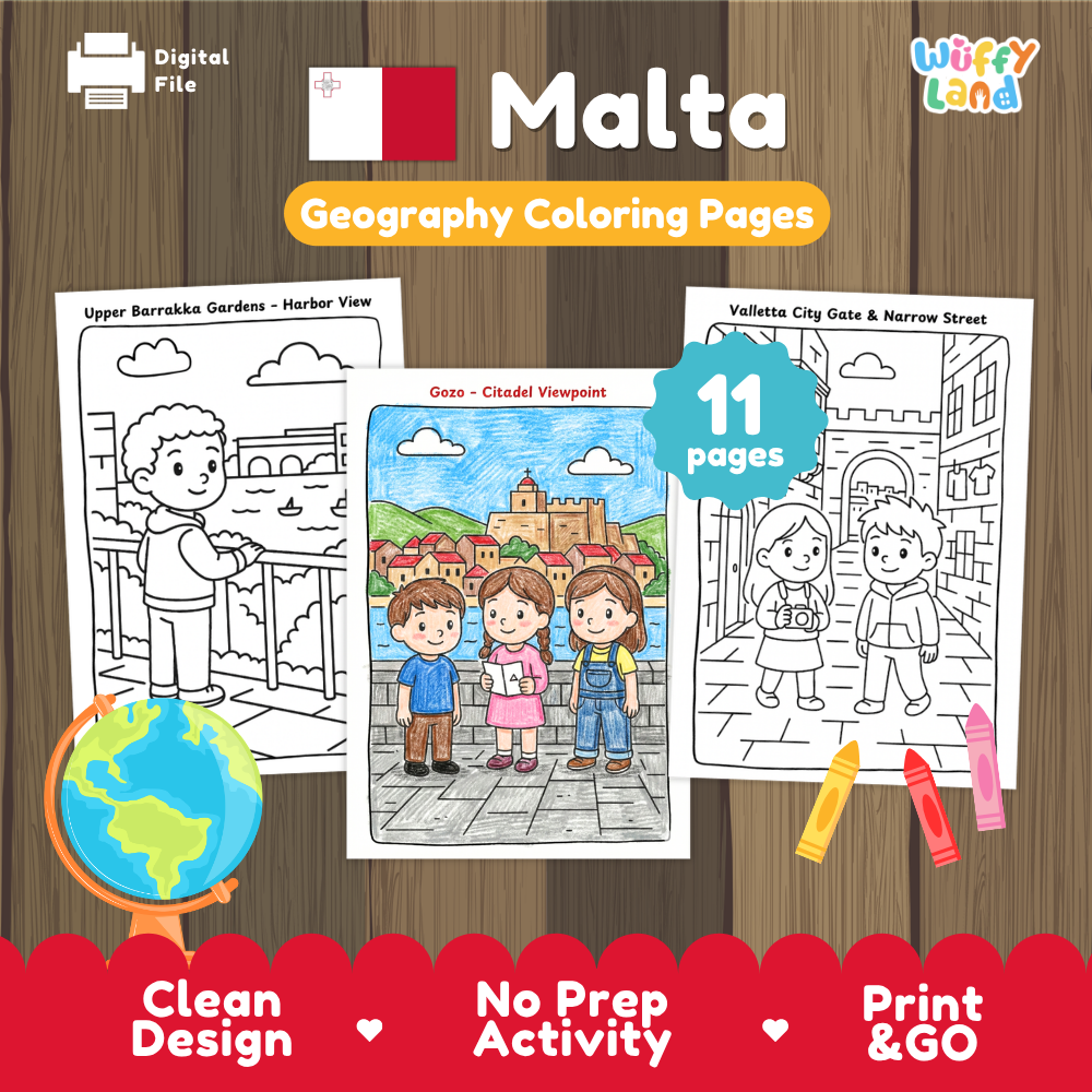 Malta Citadel coloring pages paired with photo flashcards of Mdina Old City, Rabbit Stew Fenek, Deep Blue Hole, and Gozo Island