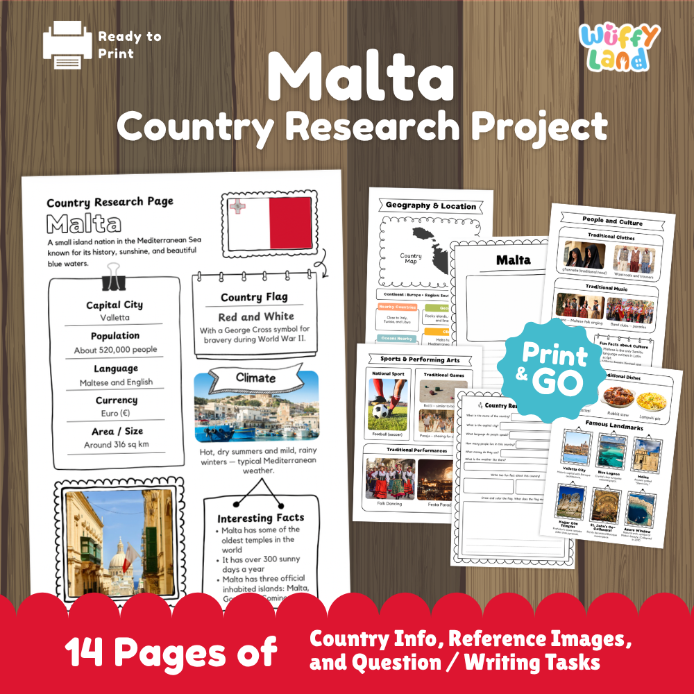 Student country research worksheet on Malta featuring red and white flag, Valletta capital facts, Mediterranean climate, and geography map