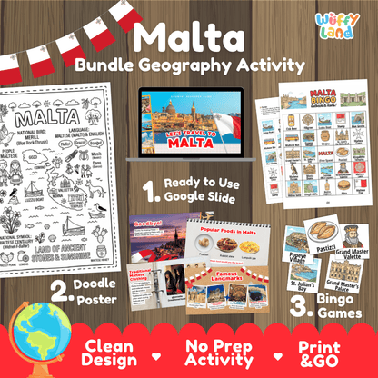 Complete Malta geography activity bundle featuring Google Slides, doodle coloring poster, and classroom bingo games 🇲🇹🎒