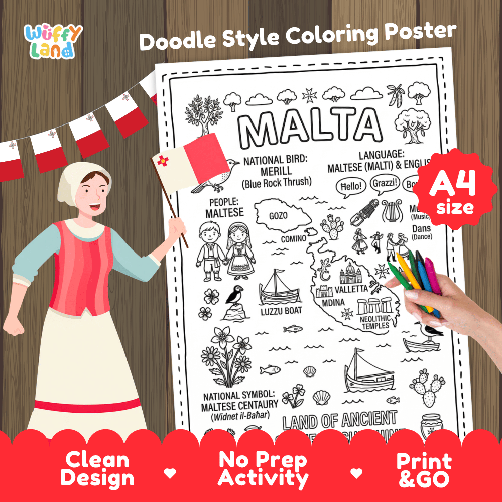 Malta country study doodle style coloring poster printable page featuring map, landmarks, and cultural symbols