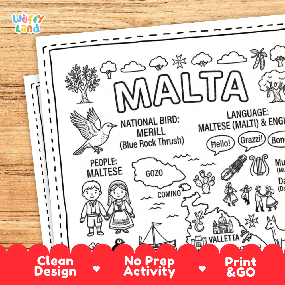 Cultural coloring page featuring traditional Maltese dress, luzzu fishing boat, folk music, and Maltese greeting speech bubbles