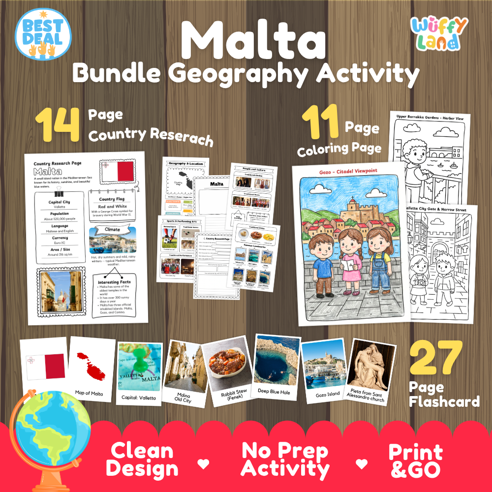 Malta geography activity bundle cover showing 14 country research pages, 11 coloring pages, and 27 photo flashcards
