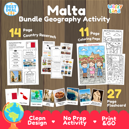 Malta geography activity bundle cover showing 14 country research pages, 11 coloring pages, and 27 photo flashcards