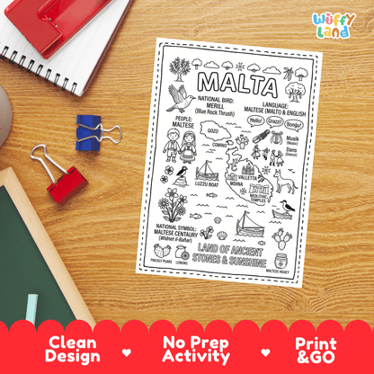 Doodle map coloring sheet showing Malta's capital Valletta, Mdina, Gozo, Comino, and Neolithic temples