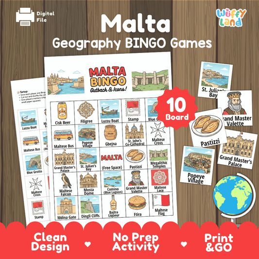 Classroom educational Bingo game cards featuring Grand Master Valette, Pastizzi, Popeye Village, and Grand Master's Palace 🎲🥟