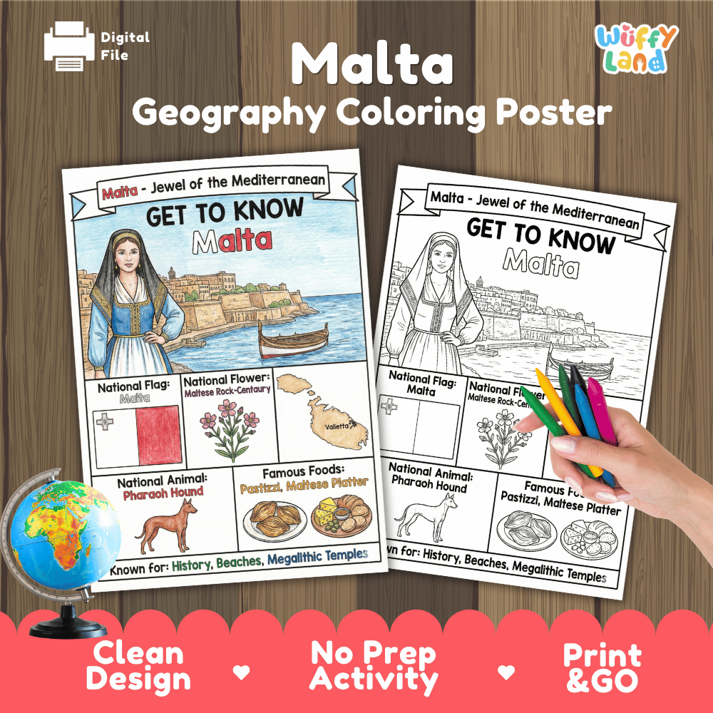 Malta Geography Coloring Poster | Country Study Research Worksheet Activity
