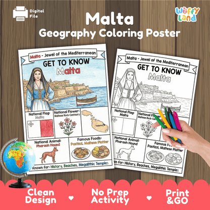 Malta Geography Coloring Poster | Country Study Research Worksheet Activity
