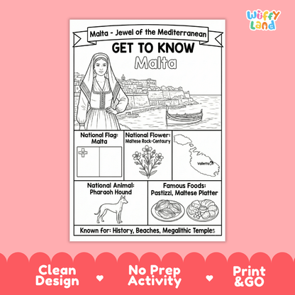 Malta Geography Coloring Poster | Country Study Research Worksheet Activity