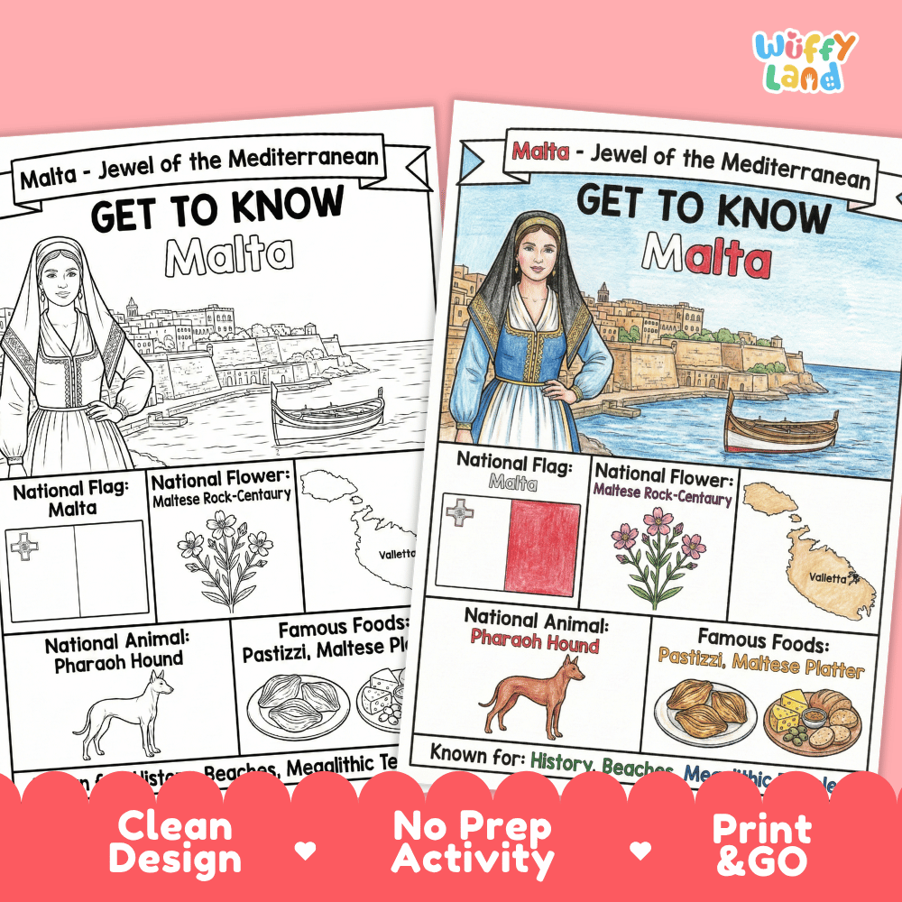 Malta Geography Coloring Poster | Country Study Research Worksheet Activity