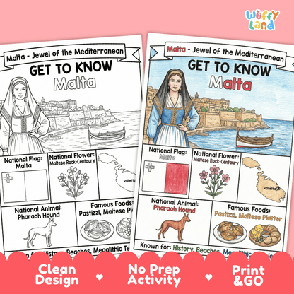 Malta Geography Coloring Poster | Country Study Research Worksheet Activity