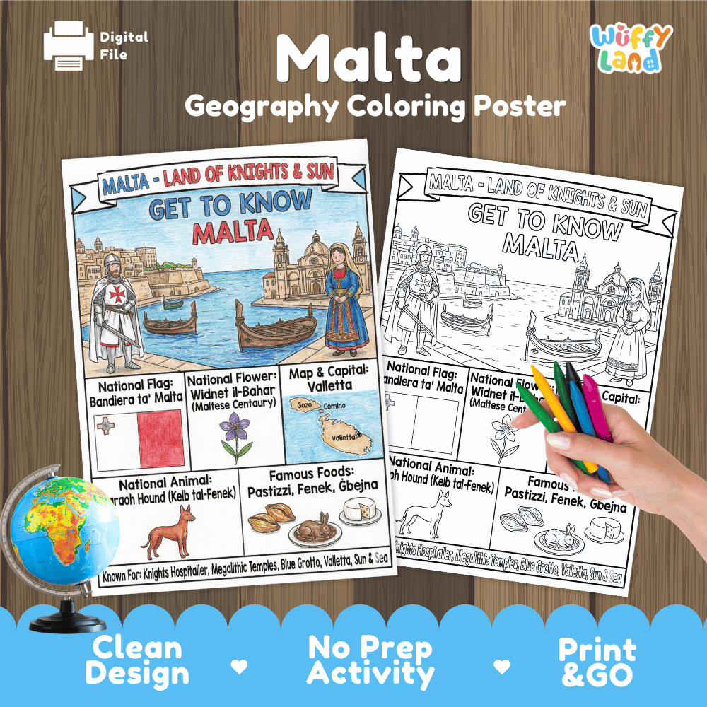 Malta Geography Coloring Poster and Fact Sheet Printables