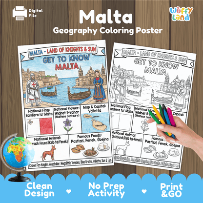 Malta Geography Coloring Poster and Fact Sheet Printables