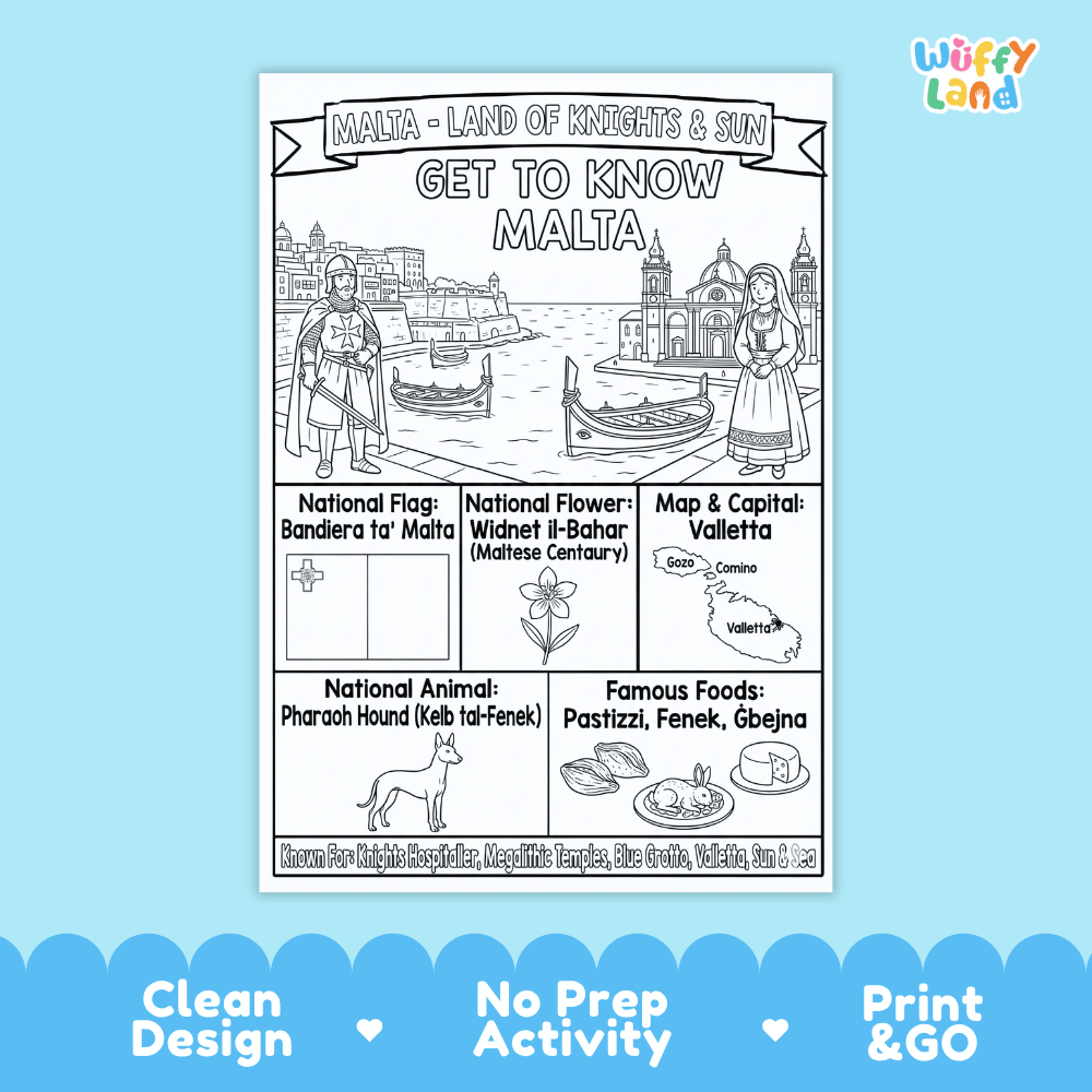 Malta Geography Coloring Poster and Fact Sheet Printables