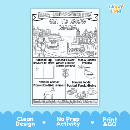 Malta Geography Coloring Poster and Fact Sheet Printables