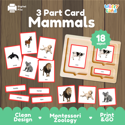 Mammals 3 part cards Montessori printable featuring 18 animals with realistic pictures, word labels and matching cards